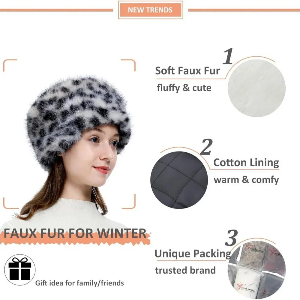 Women Black Leopard Warm Winter Hat Faux Fur Russian Cossack Style